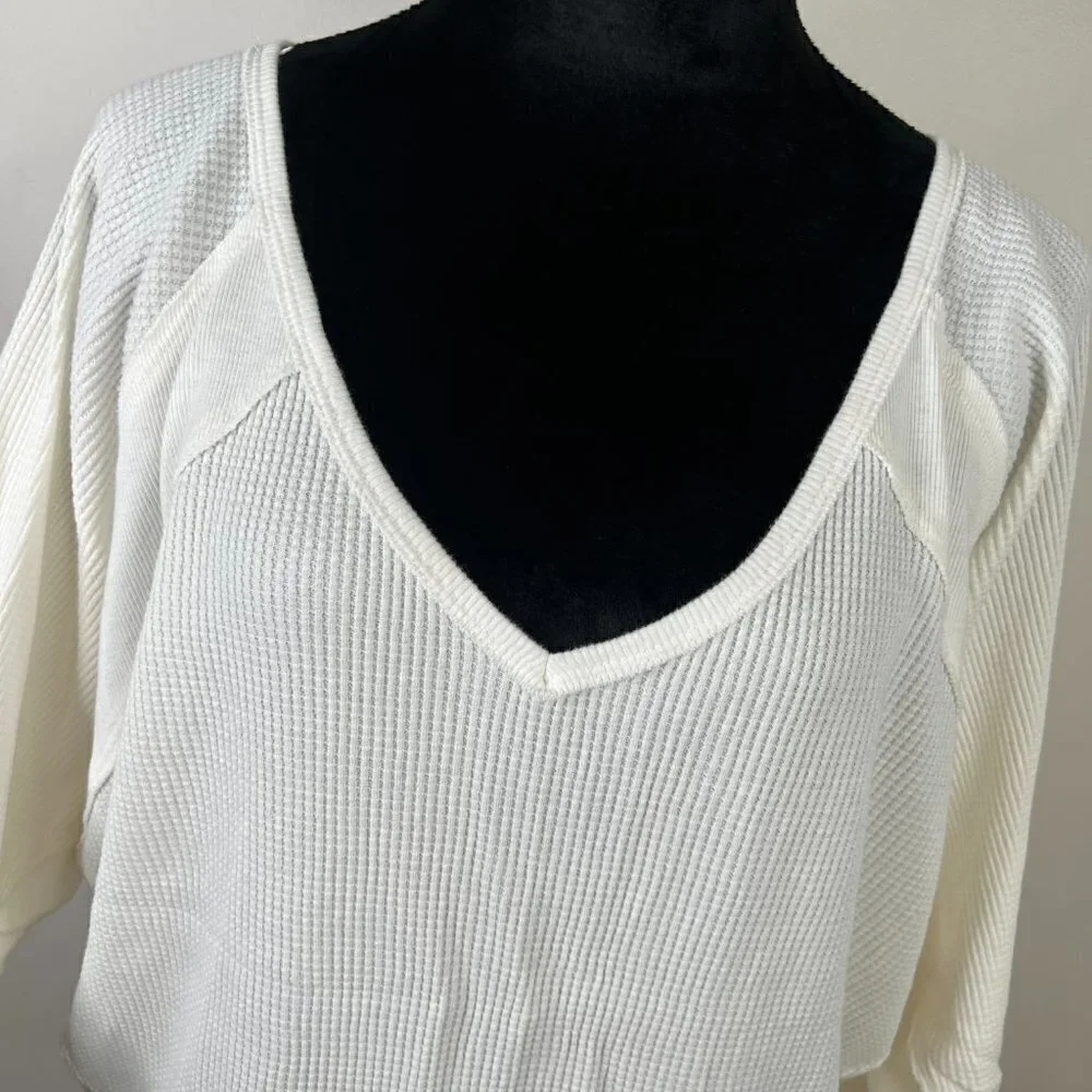 Free‎ People Santa Clara Waffle Knit Thermal Long Sleeve Top in Alabaster White